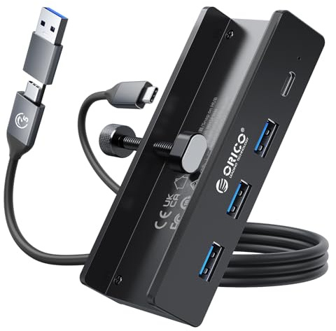 ORICO USB Hub, Aluminum USB 3.0 Hub Clip mit 5V Stromversorgungsanschluss, 5Gbps 4 Port USB Verteiler mit 3 Typ-A 3.0 und 1 Typ-C 3.0, 100cm Kabel (C auf A/C), für Monitoren, Schreibtischen