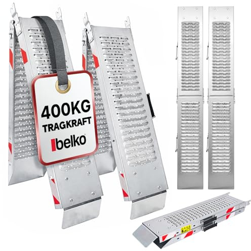 Belko® 2X Faltbare Auffahrrampe 400kg Tragkraft | 168x23cm | Klappbar | Verzinkter Stahl | rutschfest perforiert | PKW Auto Motorrad Quad ATV Anhänger Laderampe Verladeschiene Auffahrschiene Rampe