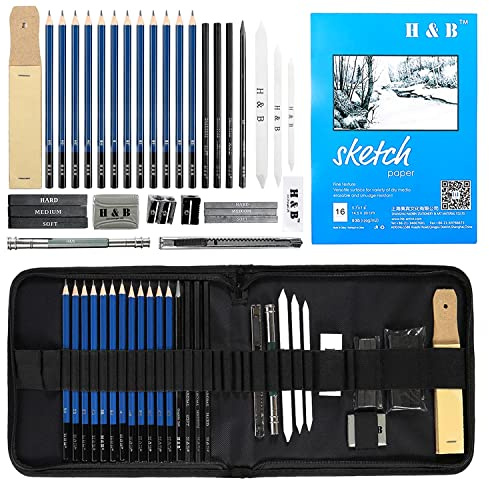 H & B Professionelle Zeichensets Skizzierstifte Zeichnung Bleistifte Werkzeug Geeignet für Künstler Student Lehrer Anfänger(inkl. Skizzenbuch 33Stück) Profi Art Set mit und Kit Bag