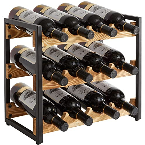 IBUYKE Industrielles Weinregal, Flaschenregal Stapelbar,Mit Metallrahmen, 3 Etagen 12 Flaschen, Flaschenhalter Aus Holz, Getränkeregal Für Küche, Bar, Esszimmer, Wohnzimmer,Vintage Braun TMJ904H