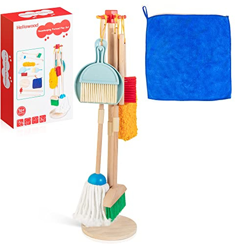 HELLOWOOD Kinder Holz Reiniungs-Set, 8-teilige Haushaltsspielzeug Rollenspiele Set inkl. Besen Mop Kehrblech Bürsten Lappen Handfeger Ständer, Reinigung Spielzeug für Mädchen Jungen Alter 3-6