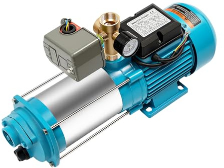 Selbstansaugende Kreiselpumpe, 1300W Edelstahl Hauswasserwerk Gartenpumpe Wasserpumpe Bewässerungspumpe mit Druckschalter und Manometer für Teichbewässerung Gartenbewässerung Brunnenmodellierung