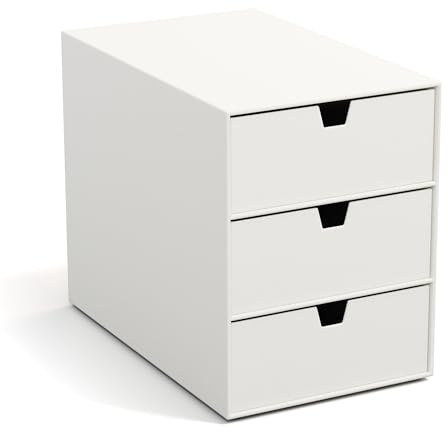 BIGSO INGRID Schubladenbox für Dokumente und Bürobedarf – Schreibtisch Organizer mit 3 Schubladen – Ablagesystem aus Faserplatte und Papier in Leinenoptik - Weiß