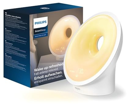 Philips Sleep & Wake-up Light, farbige Sonnenaufgangssimulation, 25 Lichtstärken, mehrere Töne und Musik, Mitternachtslicht, Entspannungs- und Atemfunktion (Modell HF3651/01)
