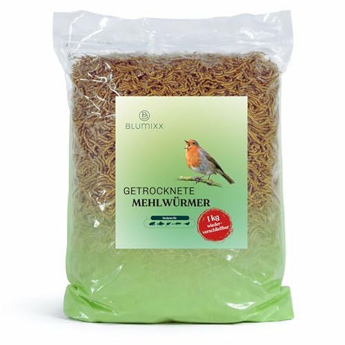 Blumixx Mehlwürmer getrocknet 1kg - natürliches Vogelfutter mit hohem Proteingehalt - ideal für Wildvögel, Hühner, Igel, Fische & Reptilien - Getrocknete Mehlwürmer für Garten, Terasse, Vogelhaus