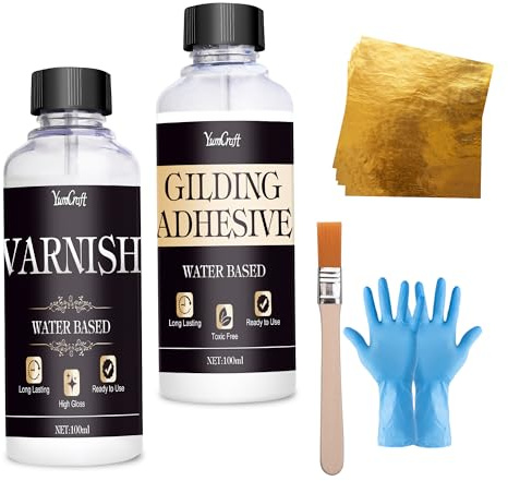 Blattgold Kleber Set - 200ml Wasserbasierter Kleber & Schutzlack mit Pinsel + 100 Blattgold-Stücke | Blattgold Bastel & Vergoldungsmaterialien für Kunst, Basteln, Malerei & Möbeldekoration