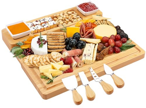 Käsebrett aus Bambus mit Käse Werkzeugen, charcuterie Board, Käseplatten-Set, Serviertablett für Weincracker, Brie und Fleisch, Bambusheber, Einzugsgeschenk für Leckereien und Weihnachten