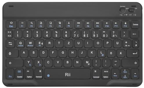 Rii Bluetooth Tastatur für Tablet, Tragbare Slim Tastatur mit Scissor-Mechanismen, Wiederaufladbar, QWERTZ Layout, Kompatibel mit iPad/Android/Windows, Schwarz