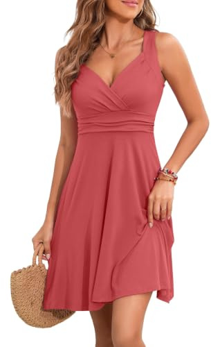 YUTILA Sommerkleid Damen V-Ausschnitt Ärmelloses Strandkleid | Leicht und Luftig, Viskose, Weiches, Elastisches Material, Midi, Blumenmuster & Einfarbig, Knitterarm & Reisefreundlich