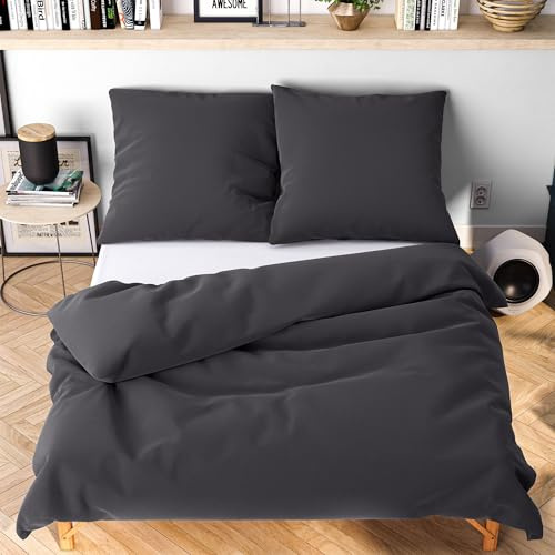 Wolkenfeld Bettwäsche 135x200 4teilig – Anthrazit - kuschlig weich & bügelfrei – ÖKO-TEX Zertifiziert – Mikrofaser Bettwäsche-Sets 2X Bettbezug 135 x 200 + 2X Kissenbezug 80x80