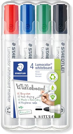 STAEDTLER Whiteboard-Marker Lumocolor, Rundspitze ca. 2 mm Linienbreite, Set mit 4 Farben, hohe Qualität Made in Germany, trocken und rückstandsfrei abwischbar von Whiteboards, 351 WP4