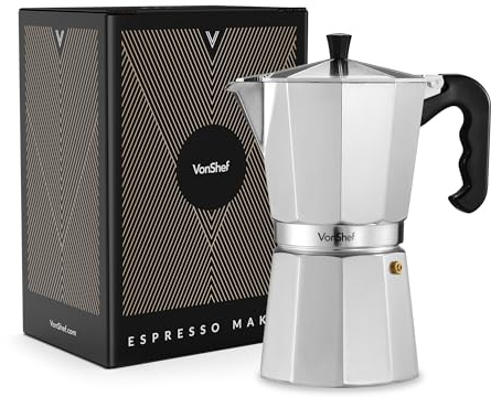 VonShef Espressokanne für den Herd, 600 ml Italienischer Espressokocher aus Aluminium für Gas- & Elektroherd - Mokkakanne für 12 Tassen mit Ersatz-Dichtung und -Filter