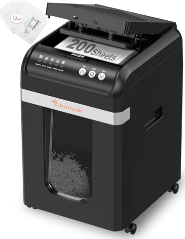 Bonsaii Auto-Feed Aktenvernichter 200 Blatt, P-4 Mikroschnitt, Schwarz | 60 Min Dauerbetrieb, 31L herausziehbarer Behälter, leise (58 dB) & energiesparend, ideal fürs Büro, C283-A