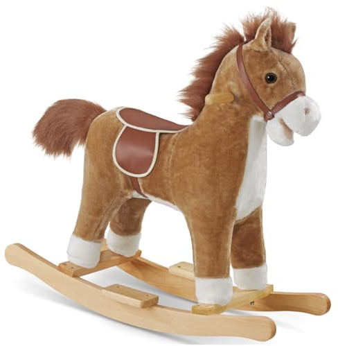 tectake® Schaukelpferd mit Sattel, Zaumzeug und Soundeffekten, Schaukelpferd Baby ab 24 Monate, Baby Schaukel Indoor mit weichem Plüschbezug, Breiten Griffen und Fußstützen - Pferd braun