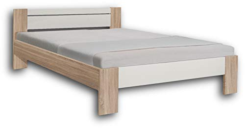 Stella Trading Vega Stilvolles Futonbett 140 x 200 cm - Komfortables Jugendzimmer Doppelbett in Eiche Sonoma Optik, weiß - 145 x 61 x 204 cm (B/H/T), Eiche Sonoma / Weiß, 204 x 145 x 68 cm