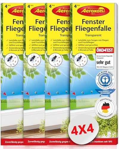 Aeroxon Fliegenfalle Fenster 16 Stück – Transparente Fliegenfänger Klebestreifen für Fenster – Fliegenfalle Innenbereich als Klebefalle gegen Fliegen, Stubenfliegen & Fruchtfliegen zur Fliegenabwehr