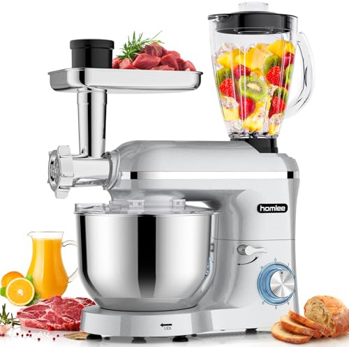 Homlee 3 in 1 Universal Küchenmaschine 2000W Multifunktionale Knetmaschine 6-stufige Gescheindigkeit Mixer, mit Fleischwolf, 1.5L Saftpresse, 5.5L Edelstahlschüssel knetmaschine