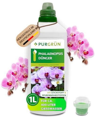 Purgrün® Phalaenopsis-Dünger 1 Liter – Leuchtende Blüten & glänzende Blätter – Schnelle Wirkung mit Spurennährstoffen – Erhöhte Widerstandskraft durch Kalium – Für ca. 400 Liter Gießwasser
