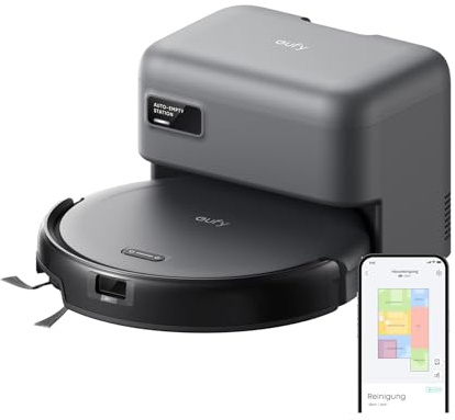 eufy C10 Saugroboter mit Automatischer Absaugstation, 7,3cm Ultraflaches Design, Teppichreinigung, Ausfahrbare Seitenbürste für Ecken, Automatische Entleerung, Punktlaser- & Infrarot-Navigation