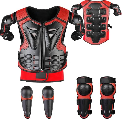 Fansport 5 Stück Motorrad Schutz Jacke,Kinder Motorrad rüstung mit Knieschoner Ellbogenschoner Brustpanzer Racing,für Outdoor Sport - 4/6/8/10/12/14 Jahre (Rot)