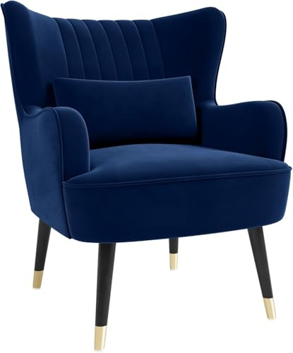 Vesgantti Samt Sessel, Moderne Relaxsessel mit Holzbein, Loungesessel mit Armlehnen, Ohrensessel für Wohnzimmer Schlafzimmer (Blau, Ohne Fußhocker)