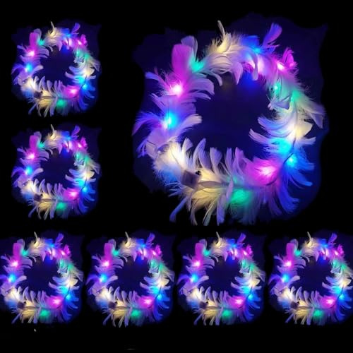 LED Feder Stirnbänder,6 Stück Haarkranz Feder,LED Blumenkranz,Leuchtende | Haarkränze,Leuchtendes Haarreif,Party Kopfschmuck Leuchtend,Blumenkranz Haare für Festivals Hochzeiten Party Zubehör