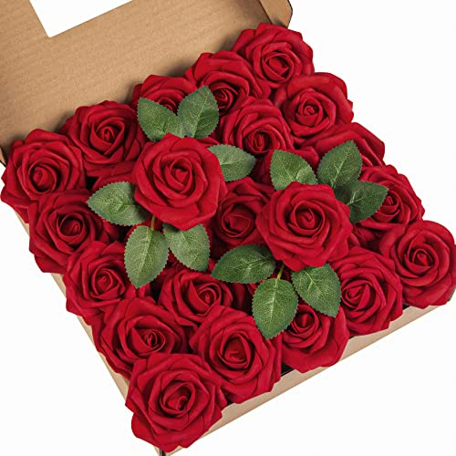 DuHouse Künstliche Rosen Blumen Fake Schaumstoff Rosen Köpfe mit Stiel Künstliche Blumen Rose für Hochzeit Home Party Baby Dusche Valentinstag Deko(25 Stück,Dunkelrot)