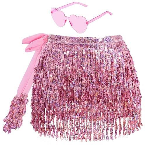 Glitzer Rock Damen Fransen Rock Glitzer mit Hippie Brille Mini Latein Kurz Bauchtanz Kostüm Rave-Kostüm für Frauen Mädchen