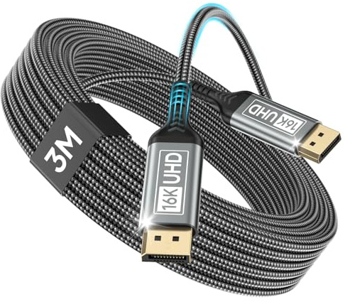 Nersligek DisplayPort Kabel 2.1 3M-DP Kabel Unterstützt 16K@60Hz, 10K@60Hz, 8K@120Hz, 4K@240Hz/165Hz/144Hz, 2K@360Hz/240Hz, 80Gbps, HDR, DSC1.2a, FreeSync, G-Sync für Gaming Monitor, Grafikkarte, PC