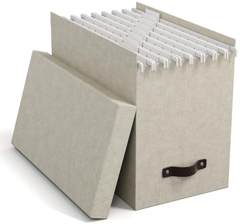 BIGSO JOHAN Hängeregisterbox A4 – Hängemappenbox mit Deckel und Griff – Schreibtischablage für Hängemappen & Dokumente – Aufbewahrungsbox aus recycelter Faserplatte und Papier – beige