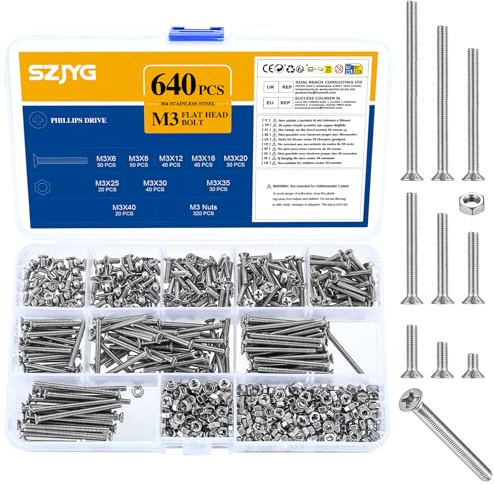 640 Stück M3 Schrauben Set, Senkkopfschrauben Muttern Set, Edelstahl Flachkopfschrauben mit Muttern, Kreuzschlitzschrauben Maschinenschrauben Sortiment, Gewindeschrauben und Muttern Set(M3)