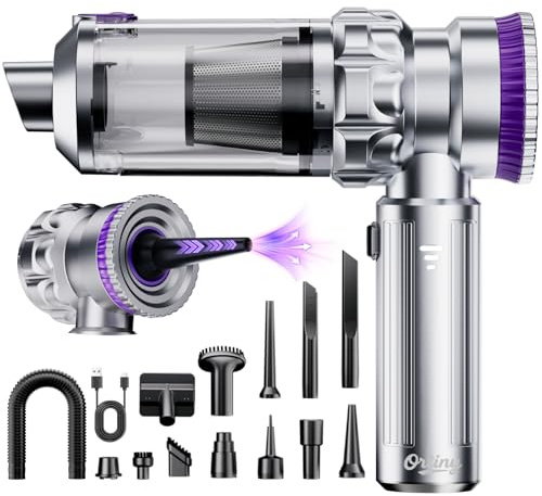 Ortiny Handstaubsauger Akku, 28000PA Autostaubsauger Kabellos, Bürstenloser Motor, Großer Staubbehälter mit EIN-Knopf-Entleerung, 4 in 1 Mini Staubsauger mit Schlauch für Auto, Tierhaare, PC, Haus