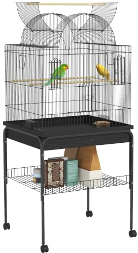 PawHut Vogelkäfig mit Abschließbaren Türen, Rollen 63x53x144 cm Schwarz | Vogelvoliere, Sitzstangen, Voliere mit Freisitz, Futternapf, Herausnehmbar Tablett, Stahl Vogelhaus, für Kanarienvögel