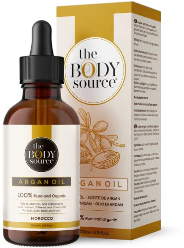 The Body Source Arganöl - 100% Reines Arganöl Bio Kaltgepresst Vegan - Naturkosmetik aus Marokko - Argan Öl für Haare, Gesicht, Nägel - Argan Oil Feuchtigkeitsspendend - Glasflasche 100ml