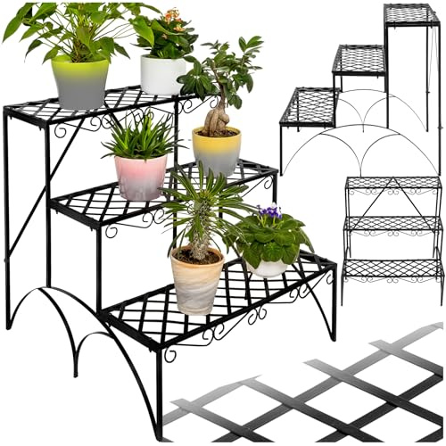 tectake® Pflanzentreppe, Blumenständer Metall, Blumenbank, Blumentreppe mit 3 Stufen, Pflanzenregal, Pflanzenregal outdoor, Blumenregal, Blumenhocker ca. 60x60x60cm (Stufen gerade | Nummer 401711)
