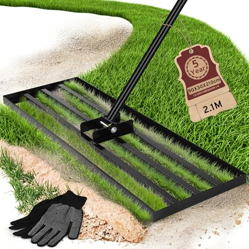 COZCLAM Rasen-Nivellierrechen, Garten Rasen Rakel, 90 x 30 cm, 210 cm Stiel | Für Sand, Erde & Topdressing, Gartenwerkzeug zum Nivellieren und Rasen Sanden in Garten, Hof, auf Rasenflächen & Golfplätzen