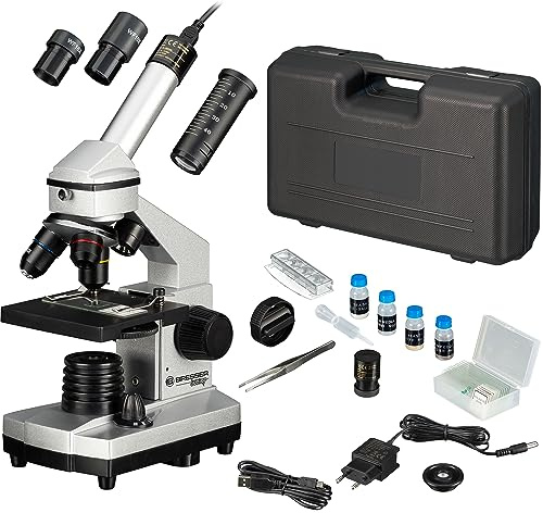 Bresser Junior Mikroskop Set 40x-1024x mit USB Kamera und heller LED-Beleuchtung für Durchlichtbeobachtungen inklusive reichhaltigem Zubehörpaket und stabilem Hartschalenkoffer