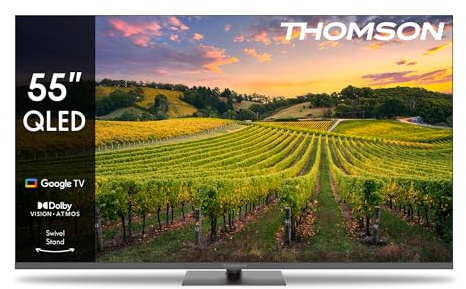 Thomson 55 Zoll (139cm) QLED Plus Zentral Füsse Google Smart TV, Wi-Fi, Dolby Audio, Eingebauter Frontlautsprecher, Bluetooth 5.1, Triple-Tuner (Kabel,Satellit,Antenne), HDMI - 55QG6C14