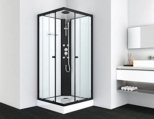 Sanotechnik Komplettduschkabine Stil 2 Schwarz 90×90×225cm – All-in-One Komplettdusche | 4mm ESG-Sicherheitsglas, Regendusche, 4 Massagedüsen, Glasablage, Eck-Schiebetür