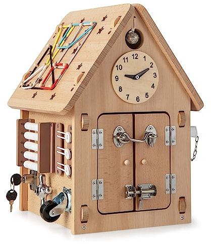 COSTWAY Kinder Spielhaus aus Holz, sensorisches Spielzeughaus mit Sinnesspielen & Stauraum im Inneren, Montessori-Spielzeug Aktivitätswürfel Geschenk für Jungen und Mädchen ab 3 Jahren