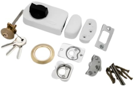 Türriegel, Sicherheitsschloss Wohnungstür, Türschloss 50/60 mit Außenzylinder und Drehknauf, Door Lock mit 3 Schlüsseln, Türzusatzschloss, Kastenschloss, Hergestellt in EU, Farbe Weiss