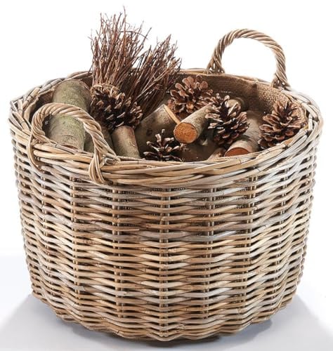 Kobolo Rattankorb grau runder Kaminholzkorb Aufbewahrungskorb mit Henkeln | Ø 50 cm geflochtener Holzkorb für Kaminholz stabiler Brennholzkorb Feuerholzkorb Holztrage Flechtkorb Korb aus Naturmaterial