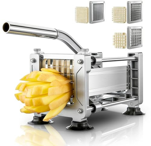FOHRER Pommesschneider Edelstahl Professioneller Manueller Kartoffelschneider mit 13, 9, 6 mm Klingen aus Edelstahl, Pommes Frites Schneider für ganze Kartoffeln, Karotten, Gurken, Zwiebel, Silber