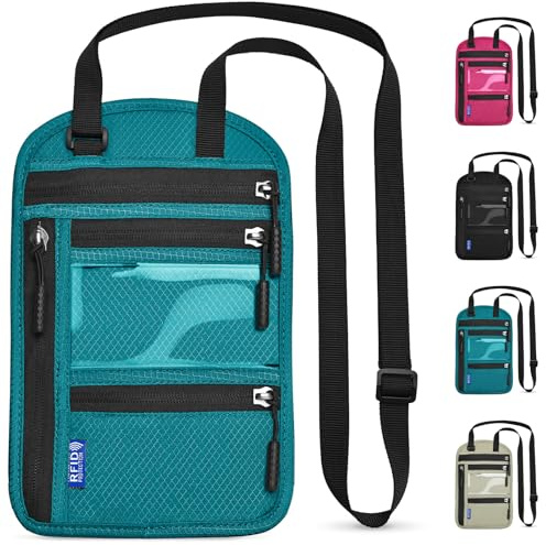 Yordawn Brustbeutel Brusttasche Herren Dame mit RFID-Schutz Wasserdicht Reisegeldbeutel Reise Sicherheitstasche mit Verstellbarem Halsriemen für Karten Reisepass (Seeblau)