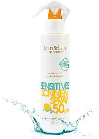 Jean & Len Sensitiv Sonnenspray 50 LSF wasserfest, für empfindliche Haut geeignet, ohne Silikone, Octocrylen, Duftstoffe & Mikroplastik, vegan, Sprühflasche 250 ml