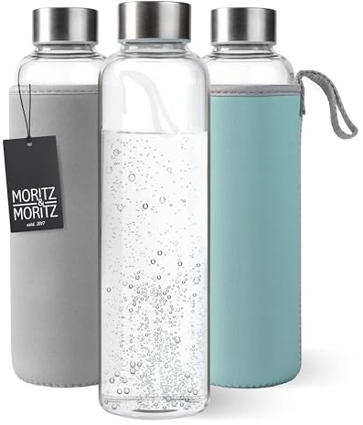 Moritz & Moritz Trinkflasche Glas 500ml - Für Kohlensäure geeignet und Auslaufsicher - Glasflasche für Sport, Schule, Uni oder Arbeit - Mit schützendem Wendebezug aus Neopren
