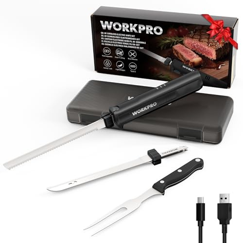 WORKPRO Elektromesser 8V, Kabelloses Küchenmesser mit 2 Edelstahlklingen, Elektrisches Messer mit Gabel, 2000 mAh Akku für Präzises Schneiden von Brot, Fleisch, mit Aufbewahrungsbox, Schwarz