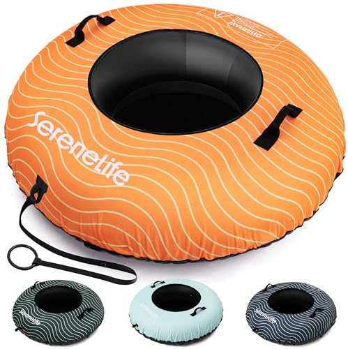 SereneLife Tube 112/122 cm – Aufblasbarer Schneereifen mit Griffen und Schleppleine XXL Rodelreifen für Kinder und Erwachsene – rutschfeste Hartboden-Schale – Perfekt für Schneespaß im Winter