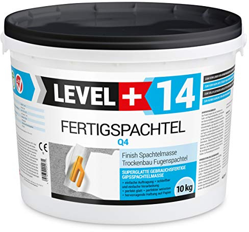 Level +14 Spachtelmasse Weiß Innen, Gebrauchsfertige Polymer-Fertigspachtel | für Wand & Decke, Q4 Finish zum Glätten, Füllen & Reparieren, Leicht Schleifbar, Für Gipskarton, Beton & Putz - 10 kg