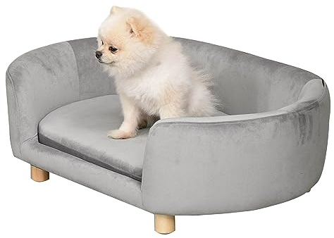 PawHut Hundesofa Hundebett aus holländischem Samt Hundecouch mit Rückenlehne, Holzbeine, Kissen, Katzensofa mit weicher Polsterung für kleine Hunde 86 x 55 x 33 cm Hellgrau